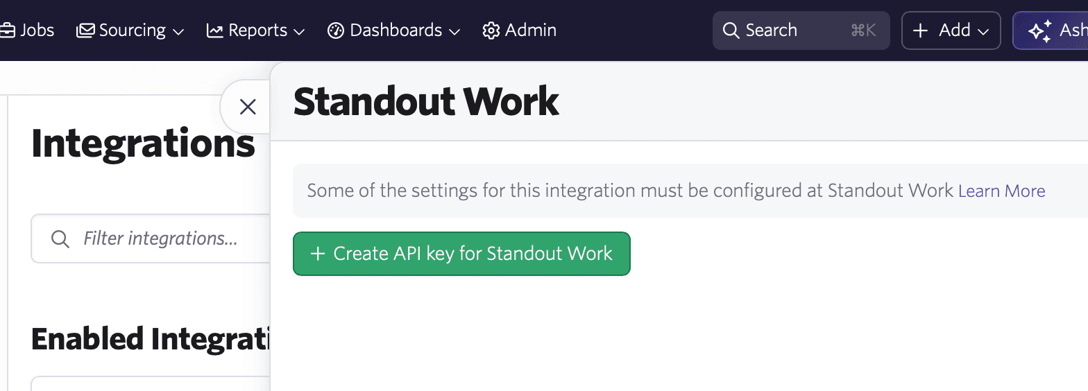 Ashby Integrations page showing the Standout tile with the Create API key button